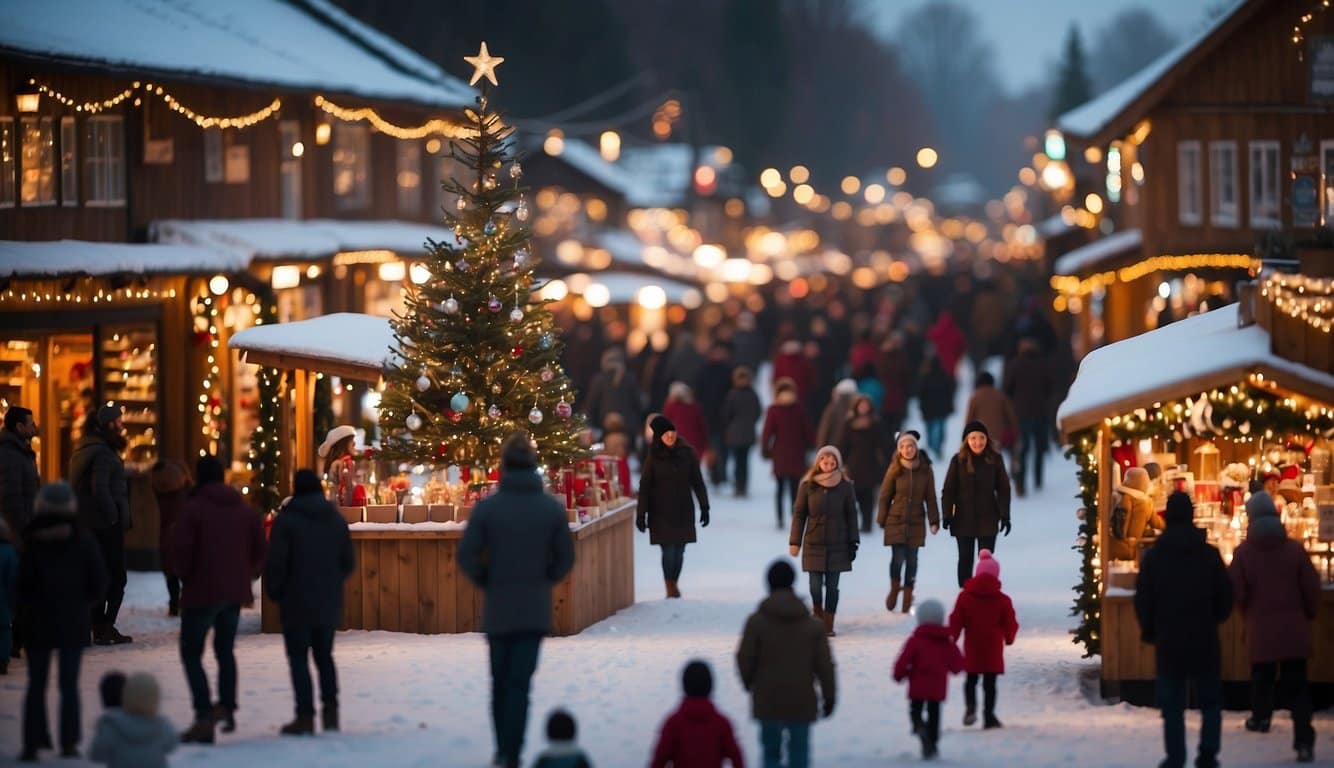 A bustling Christmas market with colorful lights, festive decorations, and families enjoying holiday activities like ice skating and visiting Santa's workshop