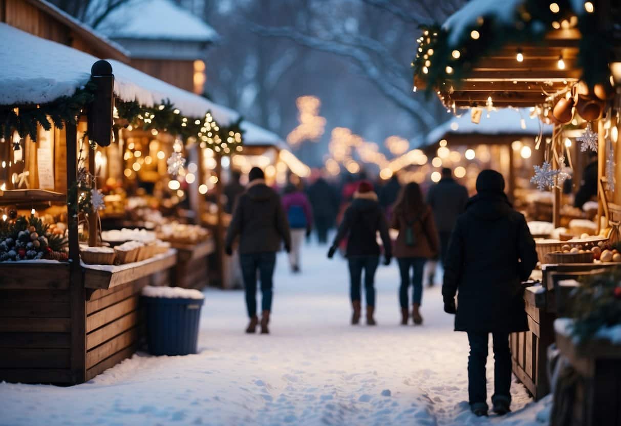 Snow-covered market stalls, twinkling lights, and festive decorations create a magical winter scene at Concord Winter Wonderland