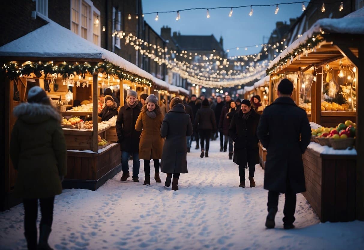 A festive scene at Dover Christmas Festival with colorful market stalls, twinkling lights, and joyful carolers. Snow gently falls, creating a magical winter wonderland