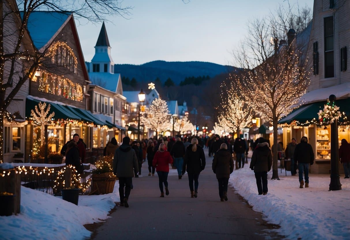 North Conway Village adorned with festive lights, bustling with holiday shoppers, and filled with the aroma of hot cocoa and roasted chestnuts