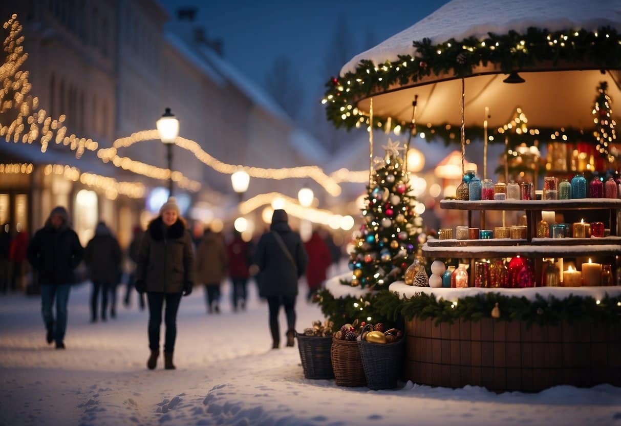 A snowy town square with colorful stalls selling handmade ornaments, festive decorations, and hot drinks. Twinkling lights and a giant Christmas tree add to the festive atmosphere