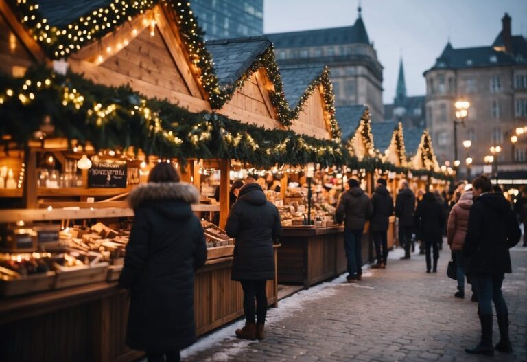 People browsing wooden stalls at one of Nebraska's top 10 Christmas markets, a festive outdoor event adorned with greenery and lights. Buildings and a tower are visible in the background, adding to the charming holiday atmosphere.