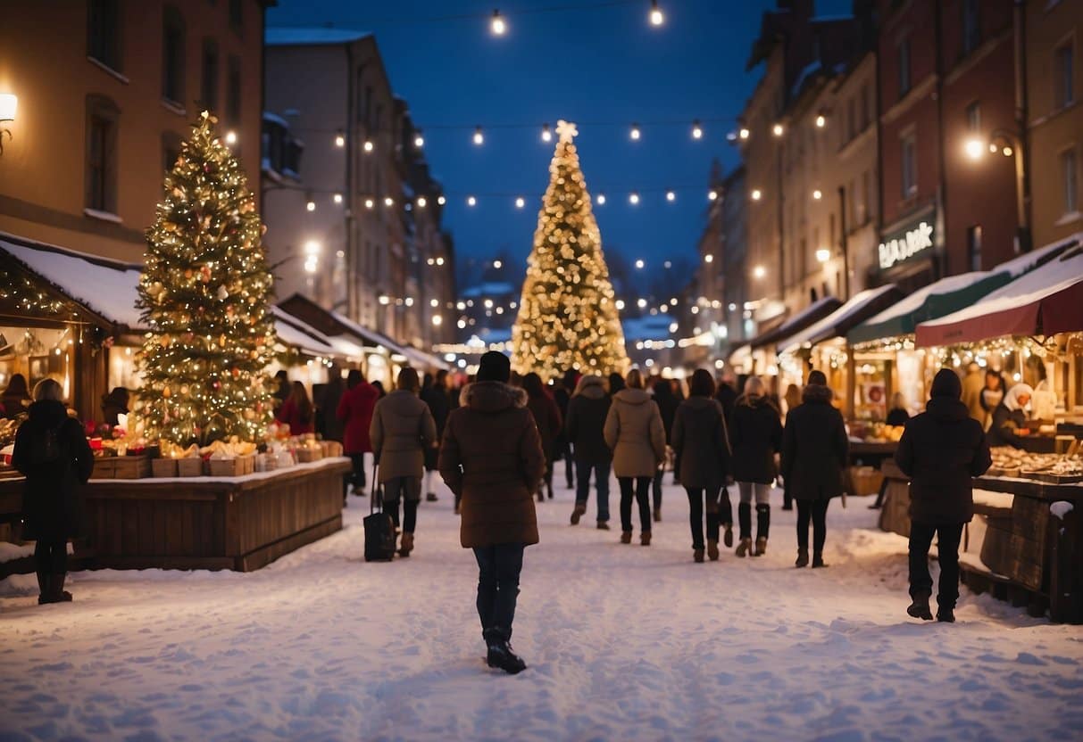 A snowy town square with colorful stalls, twinkling lights, and a giant Christmas tree. People wander, sipping hot cocoa and admiring handmade crafts