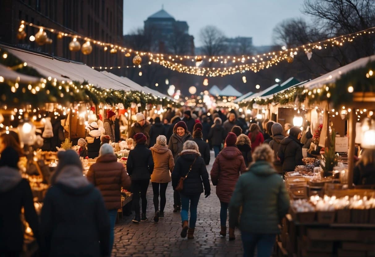 A bustling holiday market with twinkling lights, festive decorations, and a variety of vendors selling handmade crafts, local goods, and holiday treats