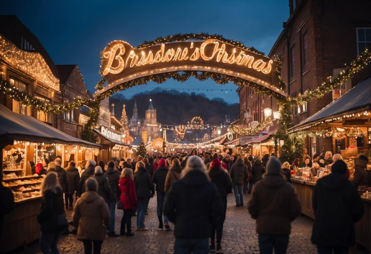 The market bustles with festive energy, adorned with twinkling lights and colorful decorations. Vendors display an array of holiday goods while the scent of mulled cider and roasted nuts fills the air