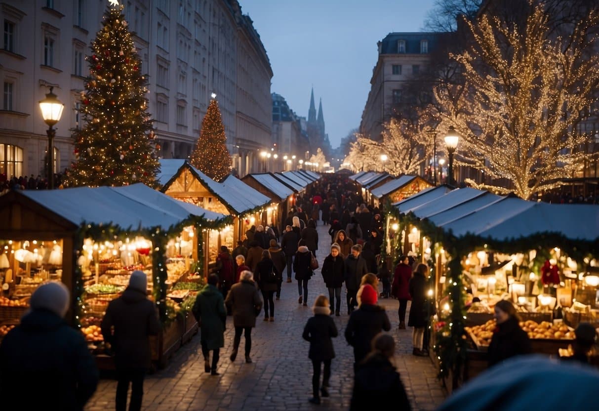 Festive market with twinkling lights, decorated stalls, and bustling crowds. A giant Christmas tree stands in the center, surrounded by carolers and the scent of hot cocoa and roasted chestnuts