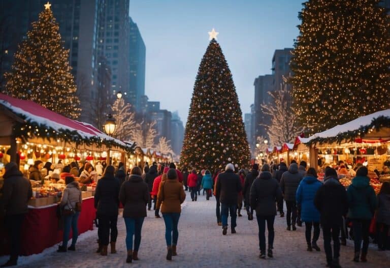 People stroll through one of the top 10 Christmas markets in Missouri, enjoying decorated stalls and a large, illuminated tree in the center.