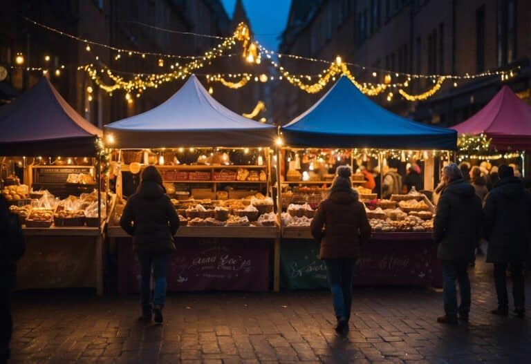 Visitors explore the charming outdoor market, adorned with twinkling string lights at dusk, reminiscent of the top Christmas markets in Mississippi. The scene is vibrant as people browse diverse food stalls, enjoying the festive atmosphere.