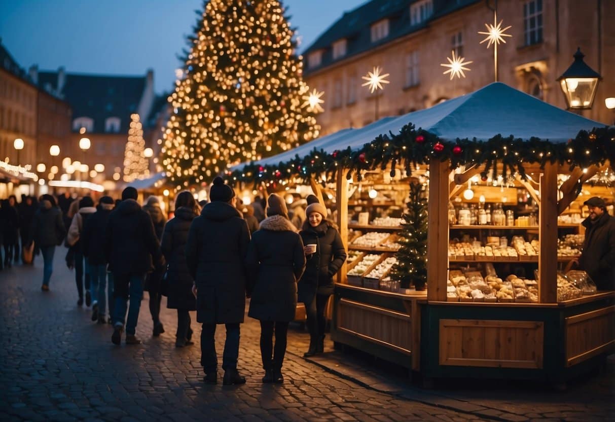 A festive Christmas market with colorful stalls, twinkling lights, and a large Christmas tree in the center. People are browsing and enjoying the holiday atmosphere