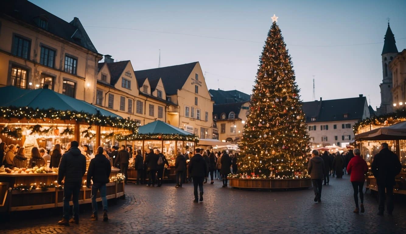 A cozy town square adorned with twinkling lights, a towering Christmas tree, and a festive holiday market bustling with cheerful locals and visitors