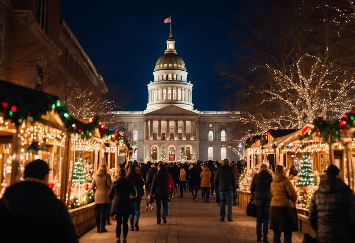 The Old Capitol Museum adorned with festive lights and decorations, surrounded by bustling Christmas market stalls selling crafts and holiday treats