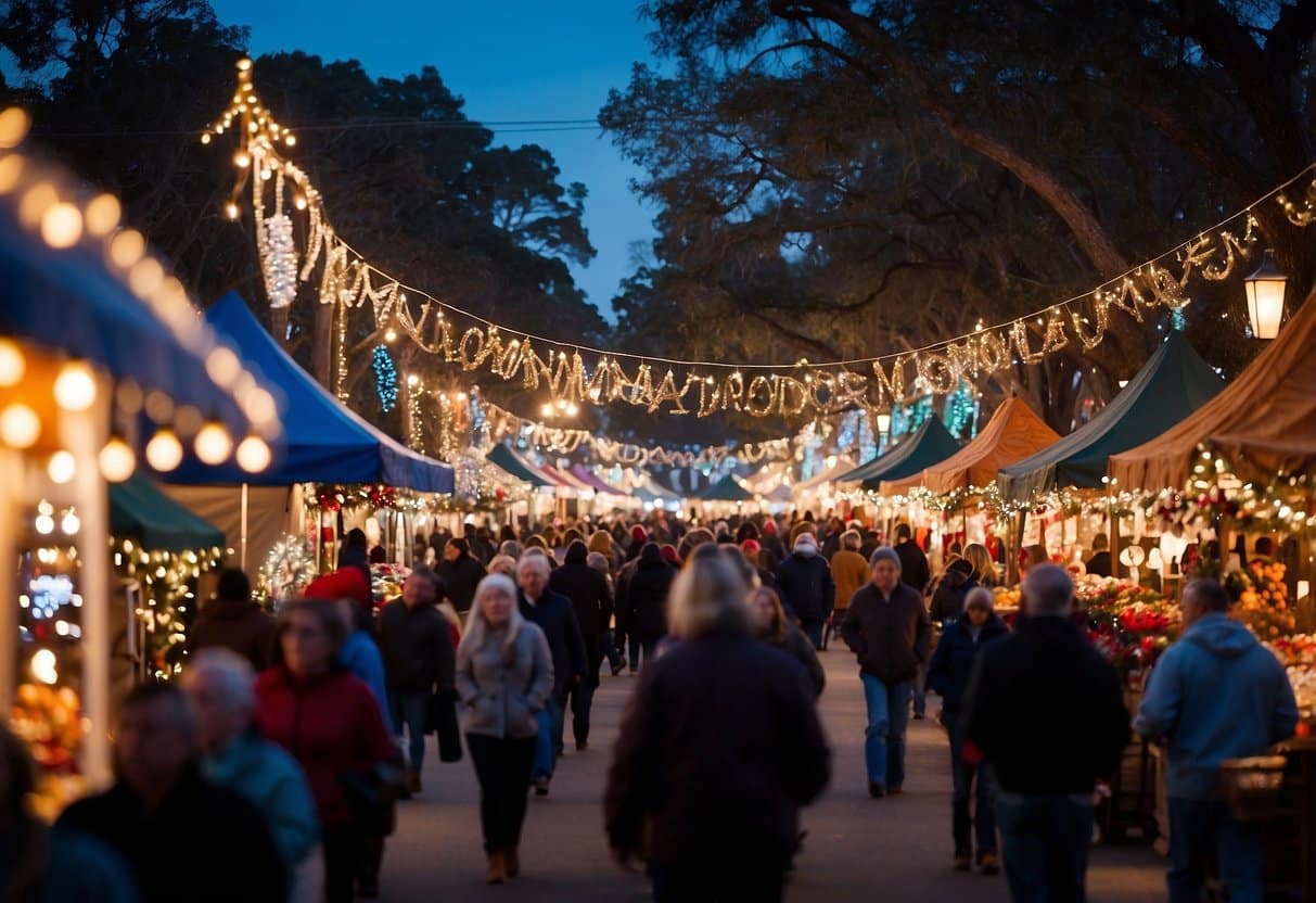 Colorful holiday market with twinkling lights, festive decorations, and bustling crowds. Vendors sell handmade gifts, ornaments, and seasonal treats. Ocean Springs, Mississippi