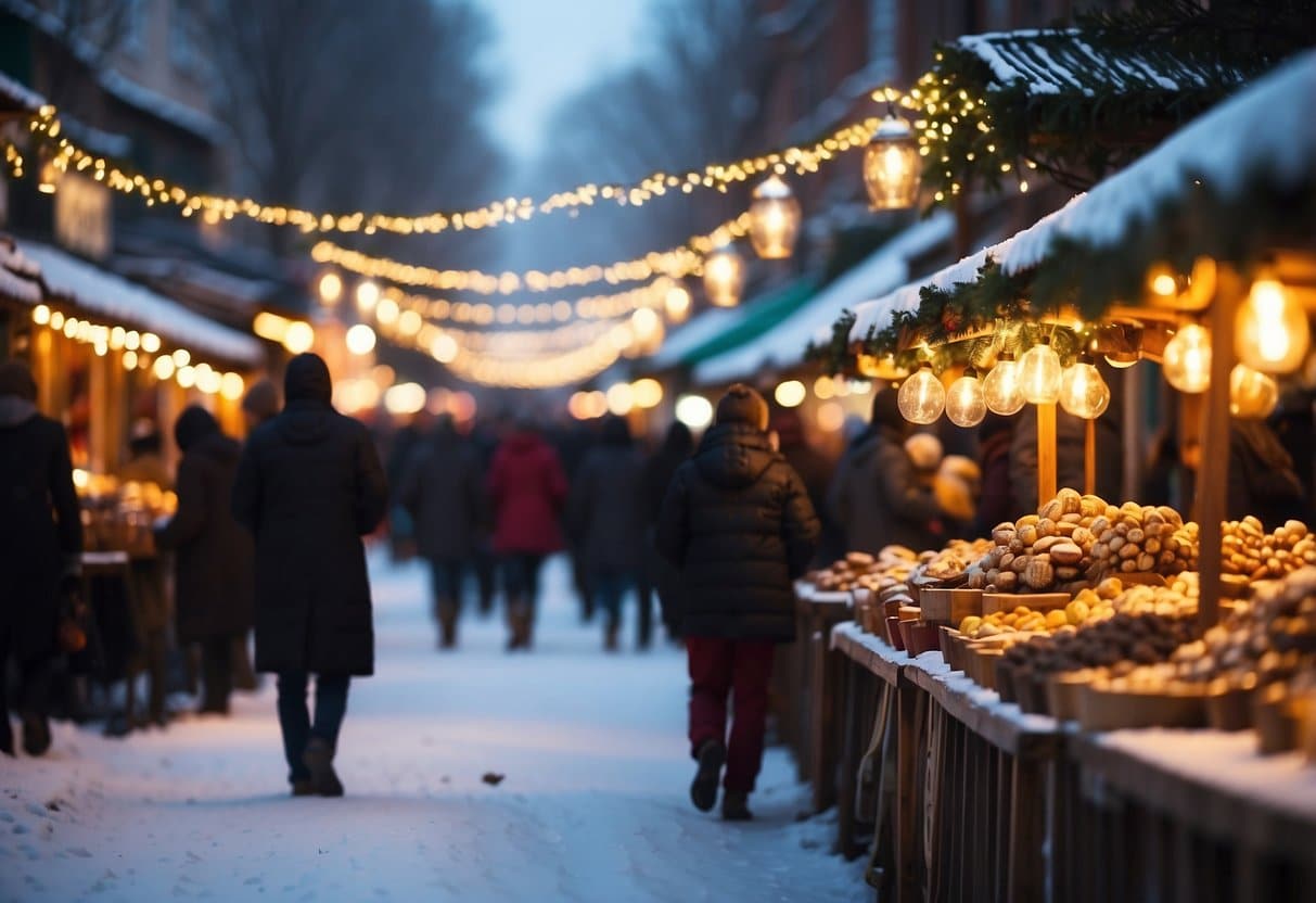 Colorful stalls line snowy streets, adorned with twinkling lights and festive decorations. Crowds browse handmade crafts, savoring the scent of hot cocoa and roasted chestnuts