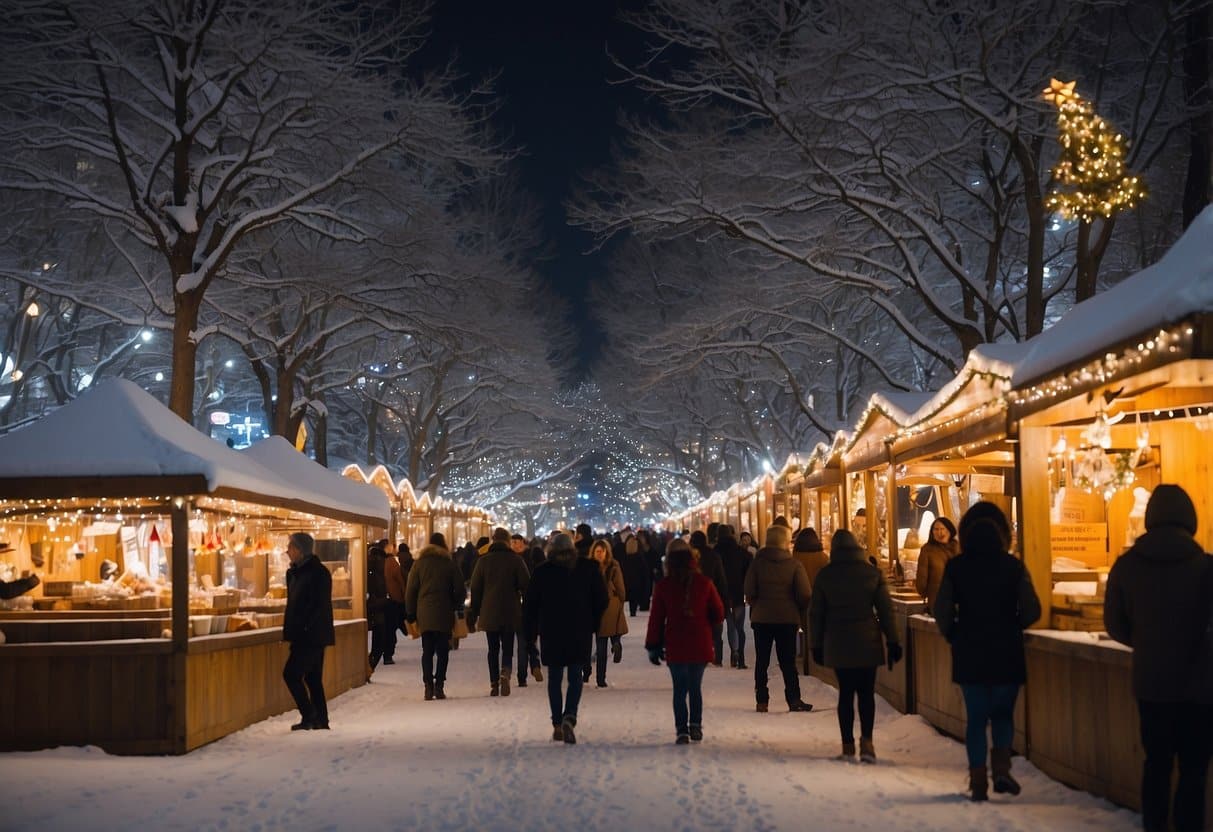 The Minneapolis Holidazzle Christmas market bustles with festive stalls and twinkling lights, surrounded by a backdrop of snow-covered trees and joyful holiday music