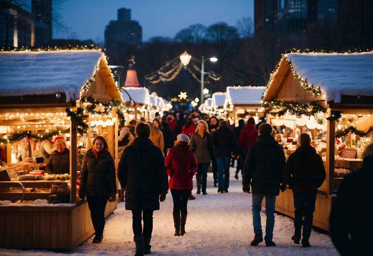 A festive scene with colorful stalls, twinkling lights, and bustling crowds at the top 10 Christmas markets in Michigan