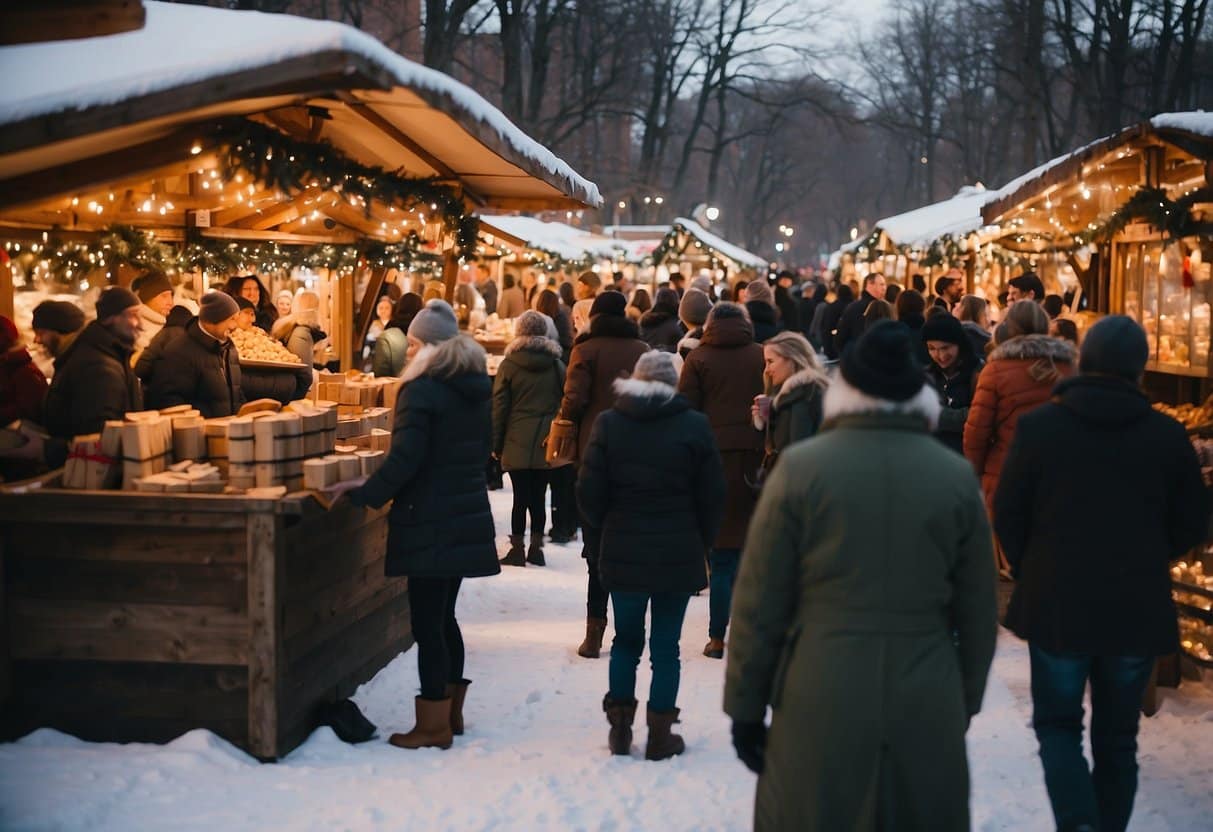 The Kris Kringle Christmas Market in Ann Arbor bustles with festive stalls and twinkling lights, as shoppers peruse handmade crafts and savor the aroma of mulled wine and roasted chestnuts