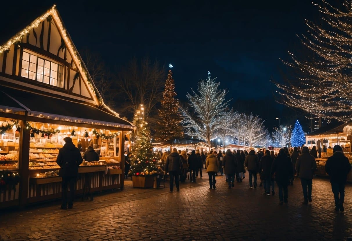 A festive Christmas market in Holland, Michigan with colorful stalls, twinkling lights, and a bustling atmosphere