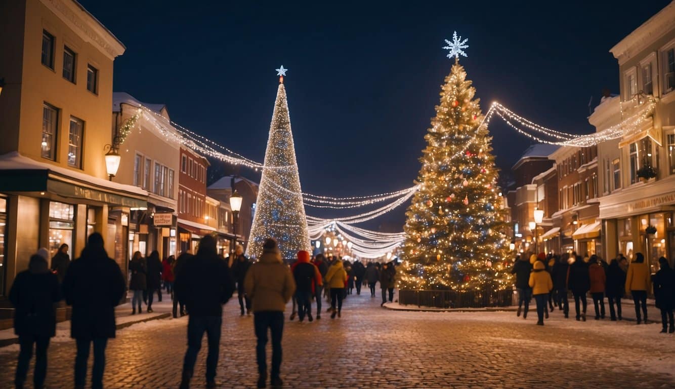 Snow-covered streets, twinkling lights, and cozy storefronts create a festive atmosphere. A towering Christmas tree stands in the town square, surrounded by joyful locals and visitors enjoying holiday festivities