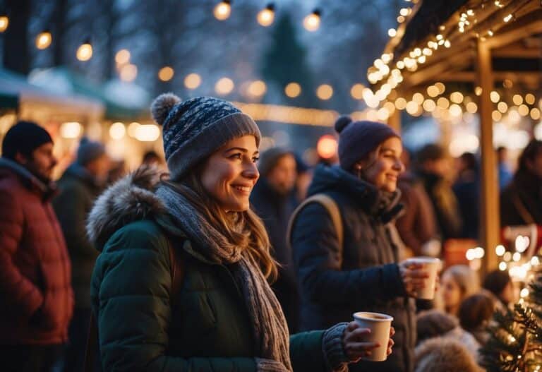 People in warm clothing enjoy hot drinks at an outdoor holiday market with festive lights, reminiscent of the top Christmas markets in Massachusetts.