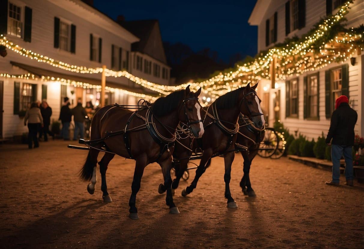 Festive lights adorn historic buildings at Old Sturbridge Village's Christmas market in Massachusetts. A horse-drawn carriage adds to the charming atmosphere