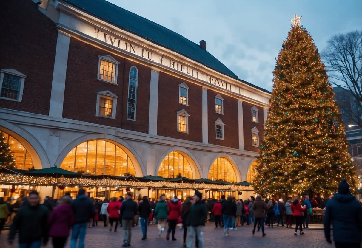 Faneuil Hall adorned with festive lights and bustling holiday market stalls. A giant Christmas tree twinkles in the center, surrounded by cheerful crowds