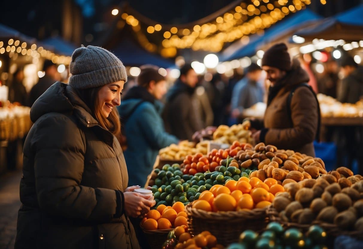 A festive market with twinkling lights, colorful stalls, and joyful music. People browse through handcrafted gifts and delicious treats, surrounded by the warm glow of the holiday season