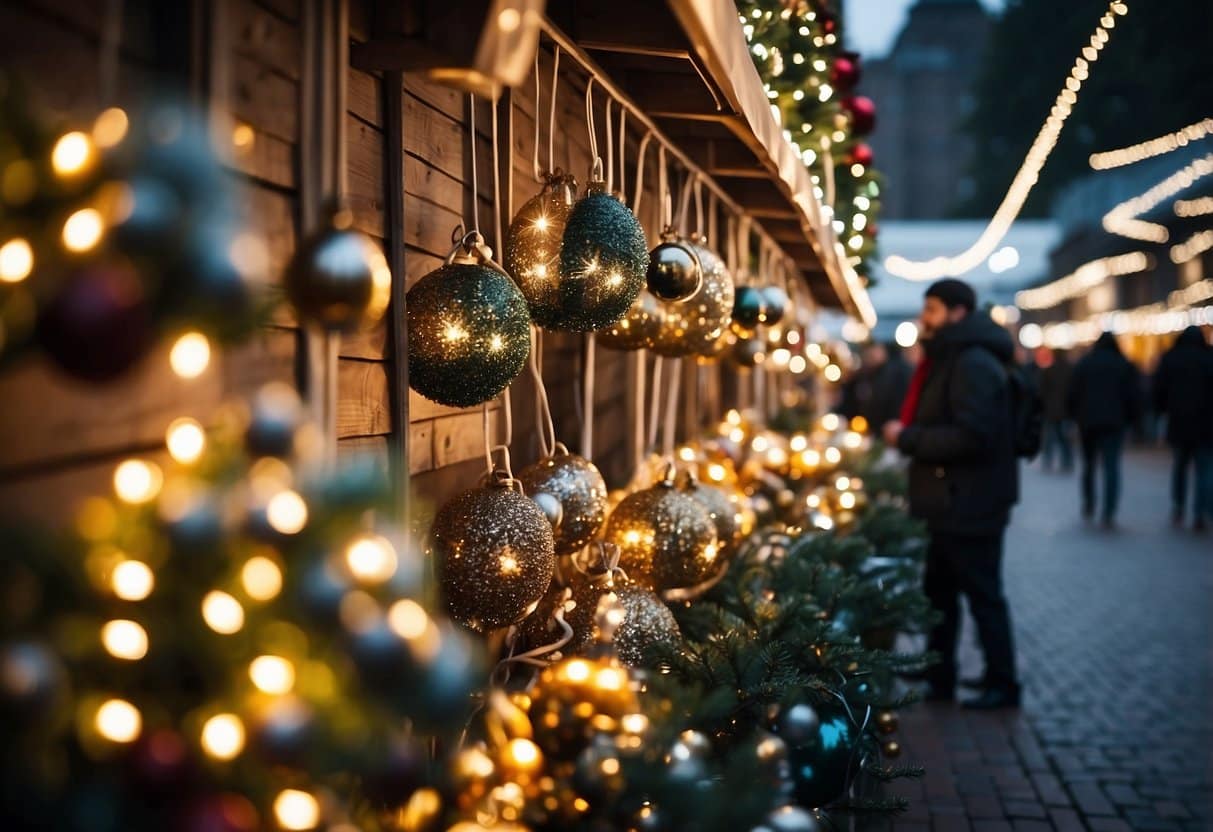 A festive holiday market with vendors selling gifts and decorations. Lights and decorations adorn the stalls, creating a cheerful and bustling atmosphere