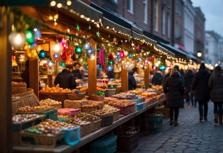 People browse a festive outdoor market with colorful lights, where baskets of fruits and wrapped gifts are displayed on wooden stalls, capturing the charm you'd expect from one of the top 10 Christmas markets in Maryland.