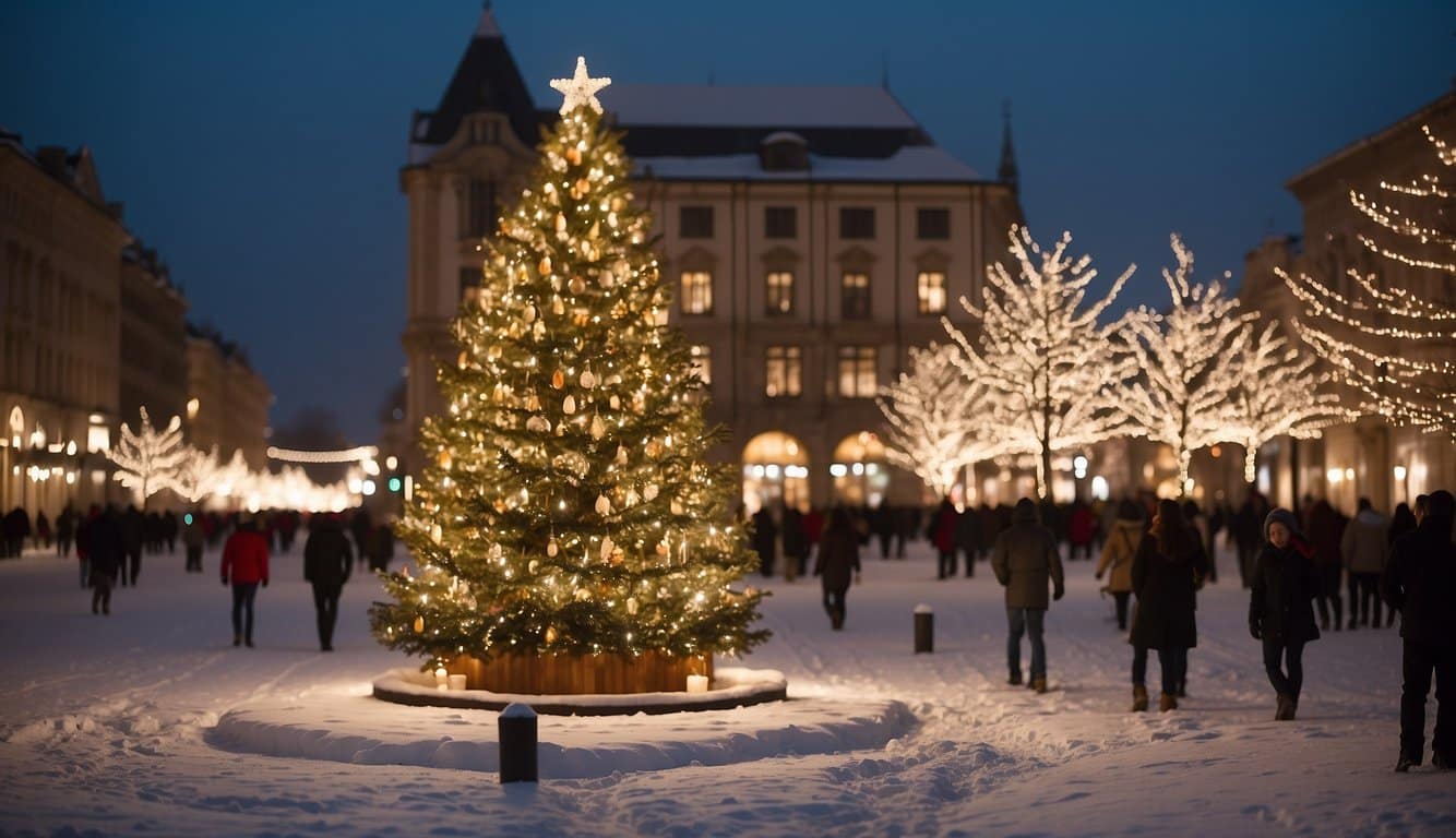 Festive lights adorn charming buildings. Snow-covered streets bustle with holiday cheer. A towering Christmas tree stands in the town square