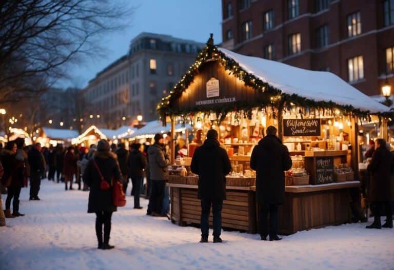 A snowy street market, part of the Top 10 Christmas Markets in Maine, features people browsing festive stalls adorned with lights and greenery, set against a backdrop of buildings at dusk.