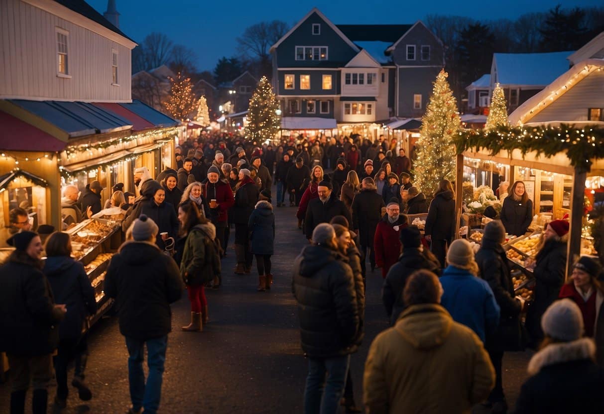 A festive market with twinkling lights, colorful stalls, and bustling crowds in Kennebunkport during Christmas Prelude