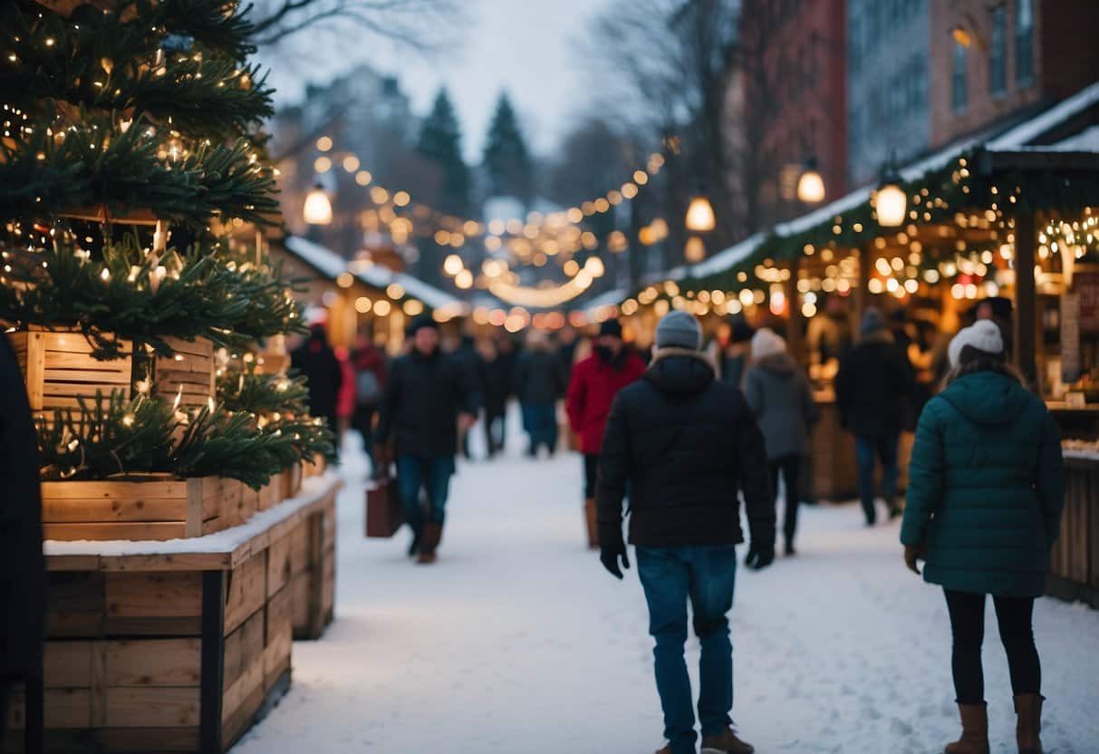 The Portland Christmas Market is bustling with festive stalls and twinkling lights, surrounded by snow-covered pine trees and a backdrop of historic Maine architecture