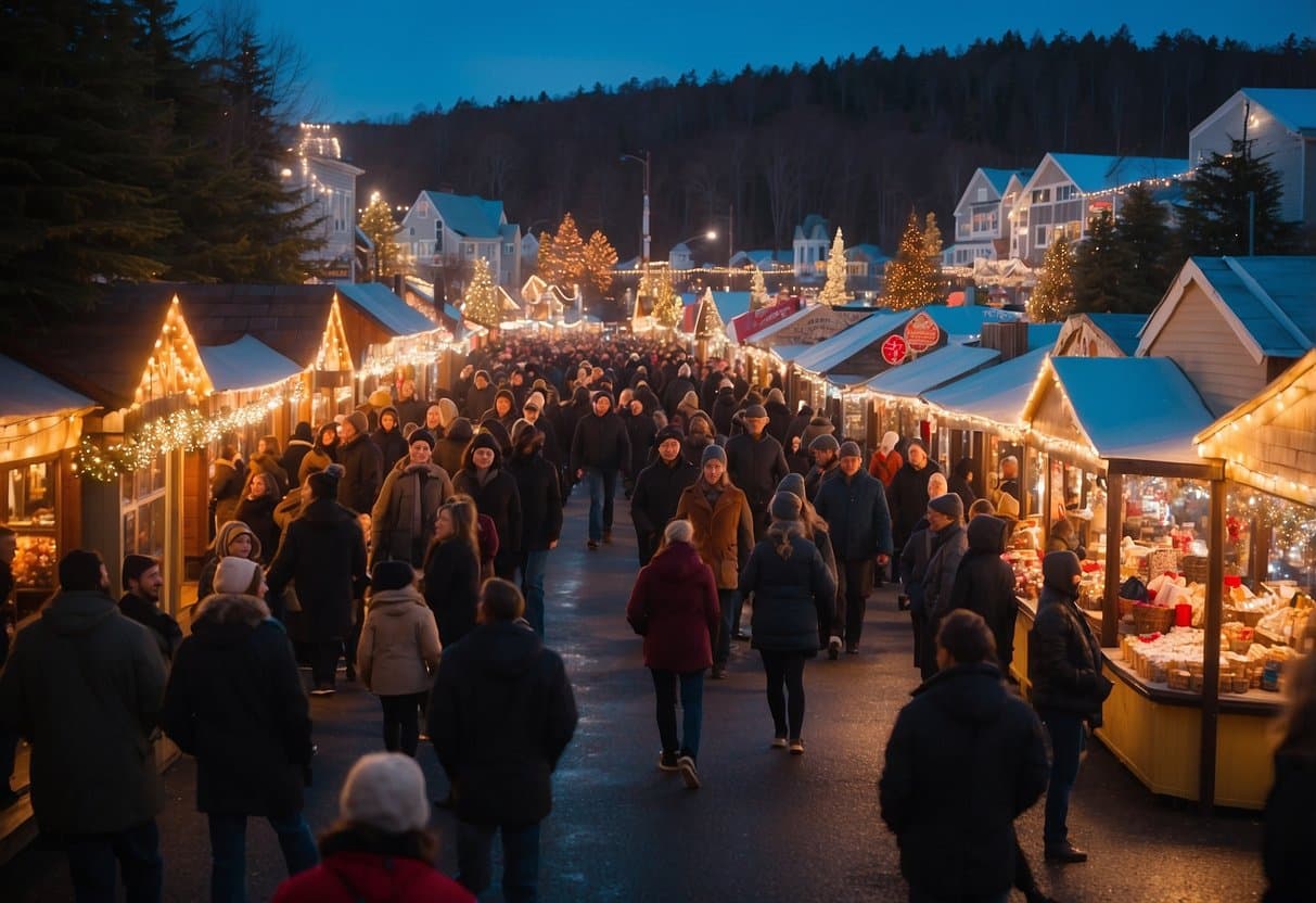 Boothbay Harbor Festival of Lights: colorful market stalls, twinkling lights, festive decorations, and cheerful crowds enjoying holiday shopping and entertainment