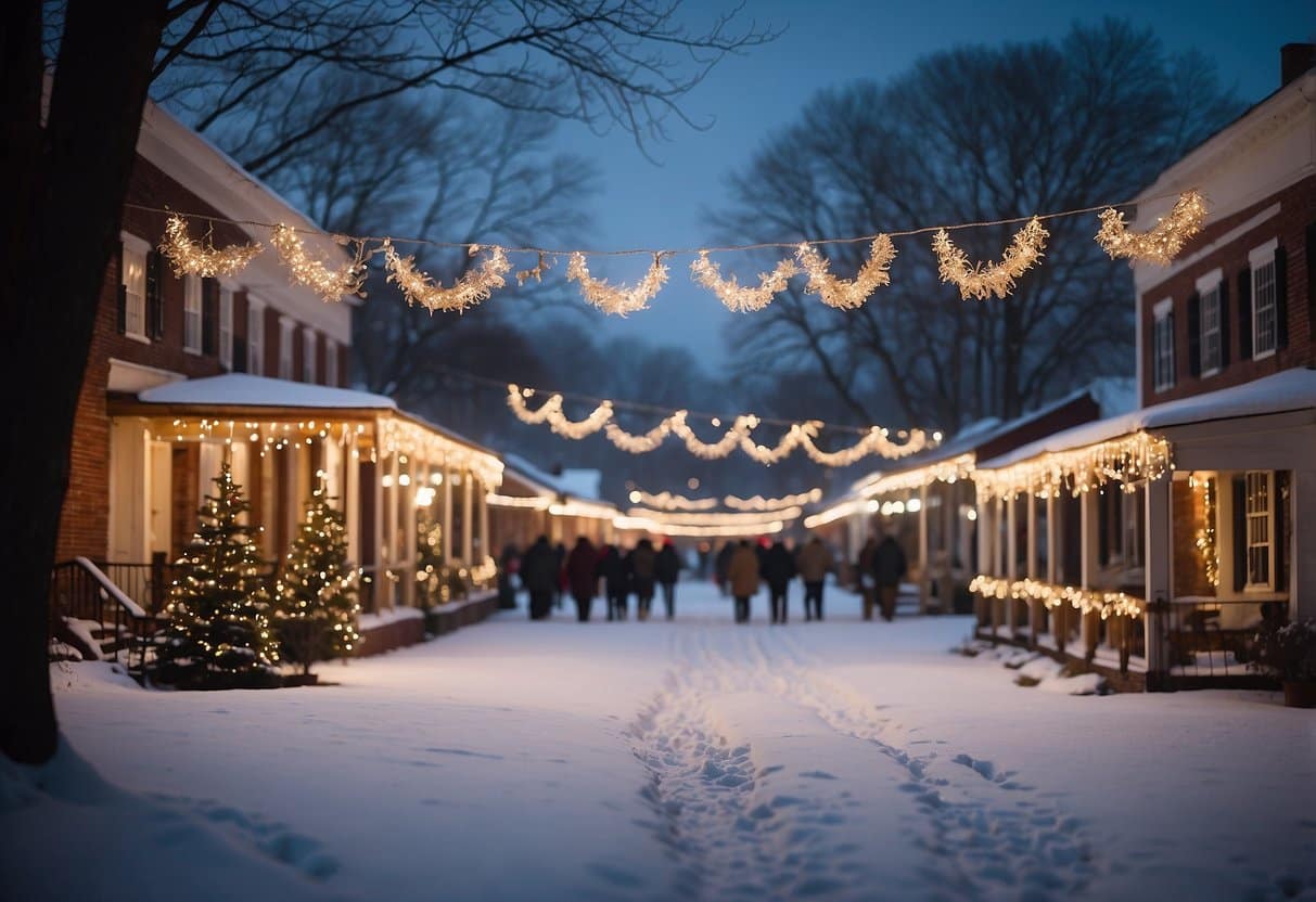 Christmas lights adorn historic buildings at Shaker Village. Market stalls offer festive goods. Snow falls gently, creating a picturesque scene