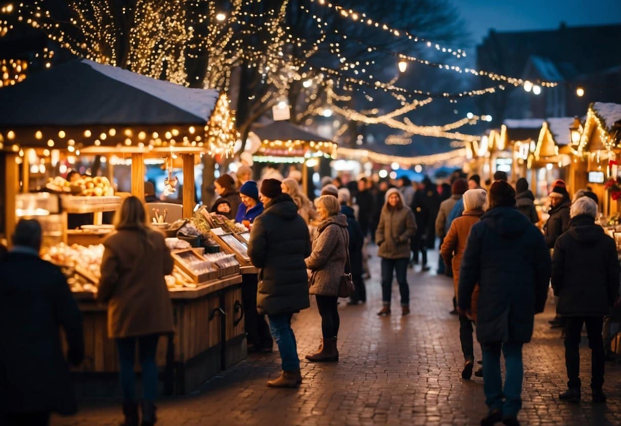 A bustling Christmas market in Lexington, Kentucky with festive stalls and twinkling lights