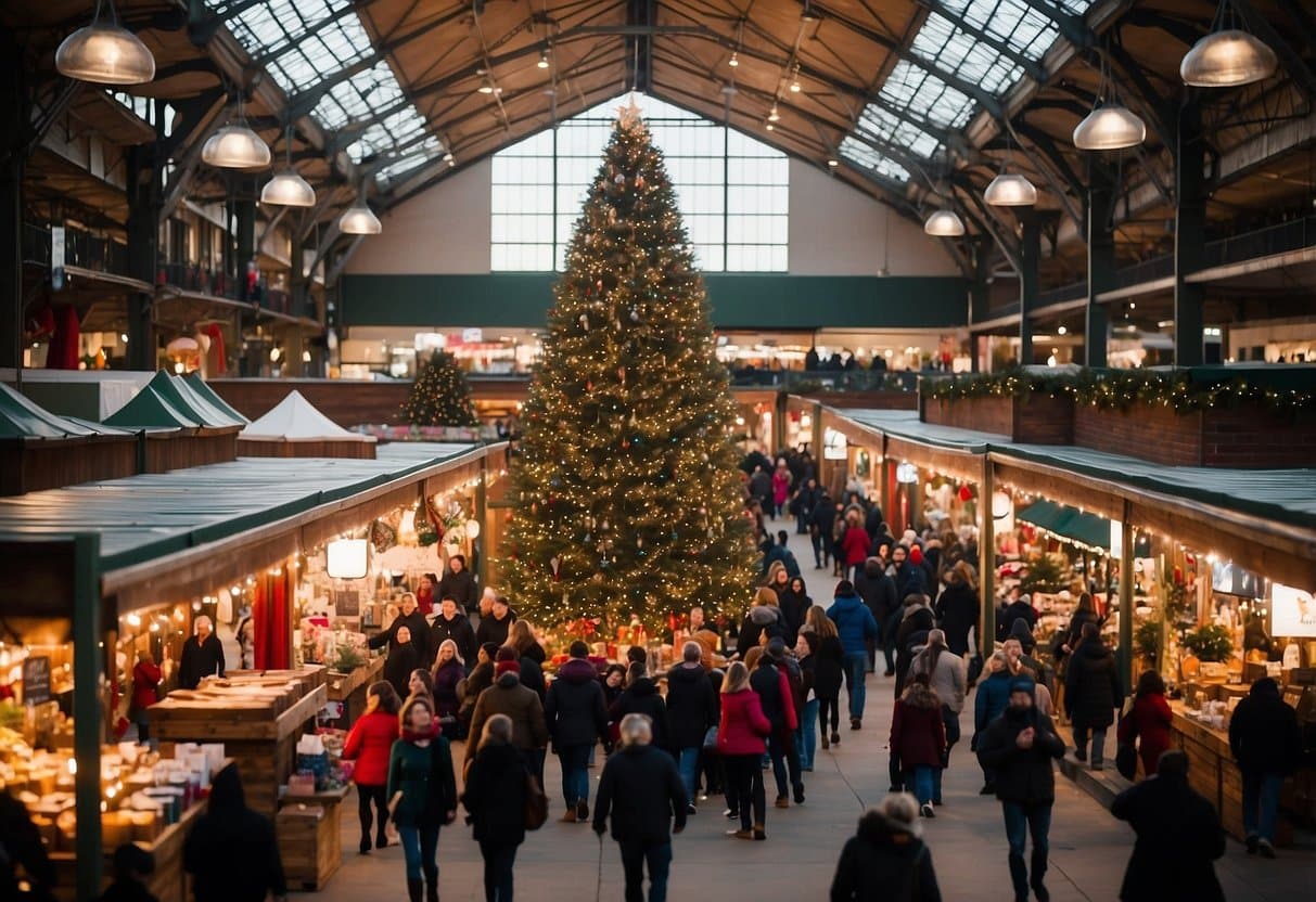 The bustling Louisville Holiday Market features festive stalls, twinkling lights, and merry shoppers. A towering Christmas tree stands in the center, surrounded by vendors selling handmade gifts and seasonal treats