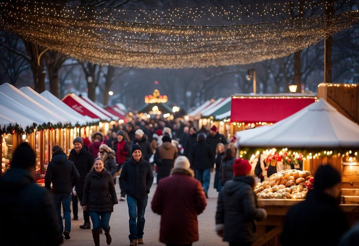 A festive scene with colorful stalls, twinkling lights, and bustling crowds at the Top 10 Christmas Markets in Iowa