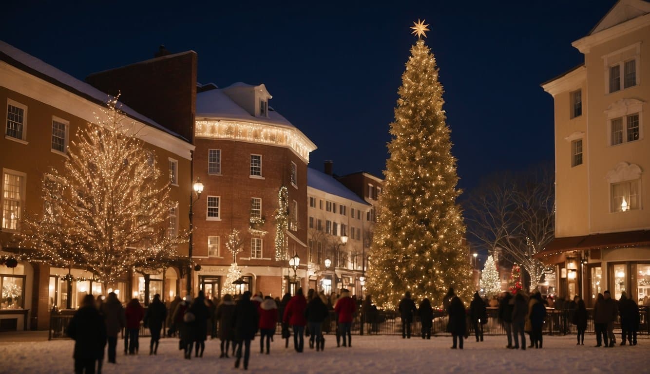 The town square is aglow with twinkling lights, as a towering Christmas tree stands at its center. Festive decorations adorn the historic buildings, and the sound of carolers fills the air