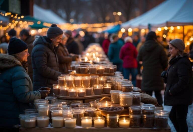 People browse a candle stall at one of the Top 10 Christmas Markets in Iowa. The outdoor market, with its string lights and canopies, creates a warm atmosphere perfect for the festive season.