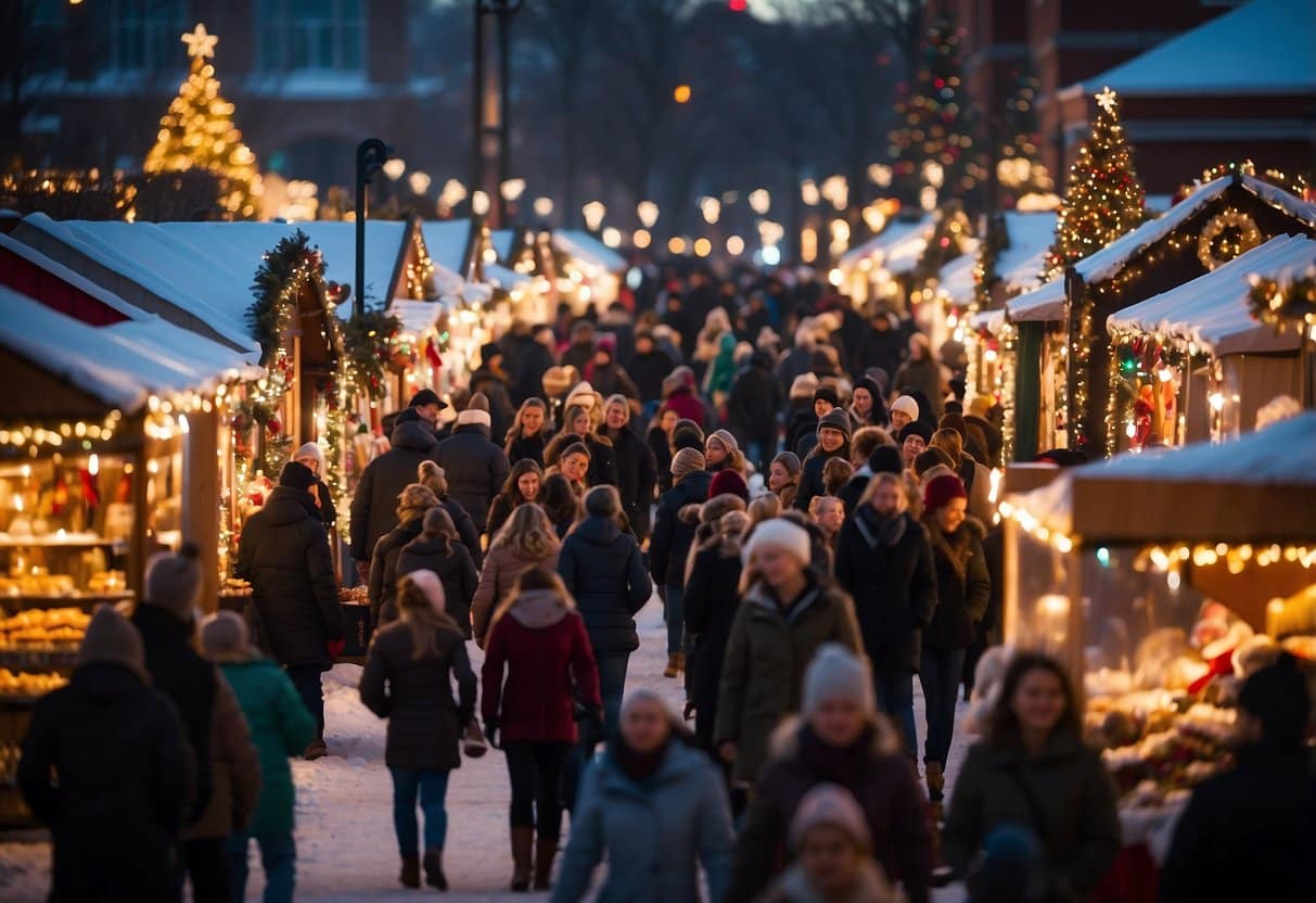 The Sioux City International Holiday Market bustles with festive energy, filled with vendor stalls adorned with twinkling lights and colorful decorations. The scent of hot cocoa and freshly baked goods fills the air as visitors browse through the top 10 Christmas markets in Iowa