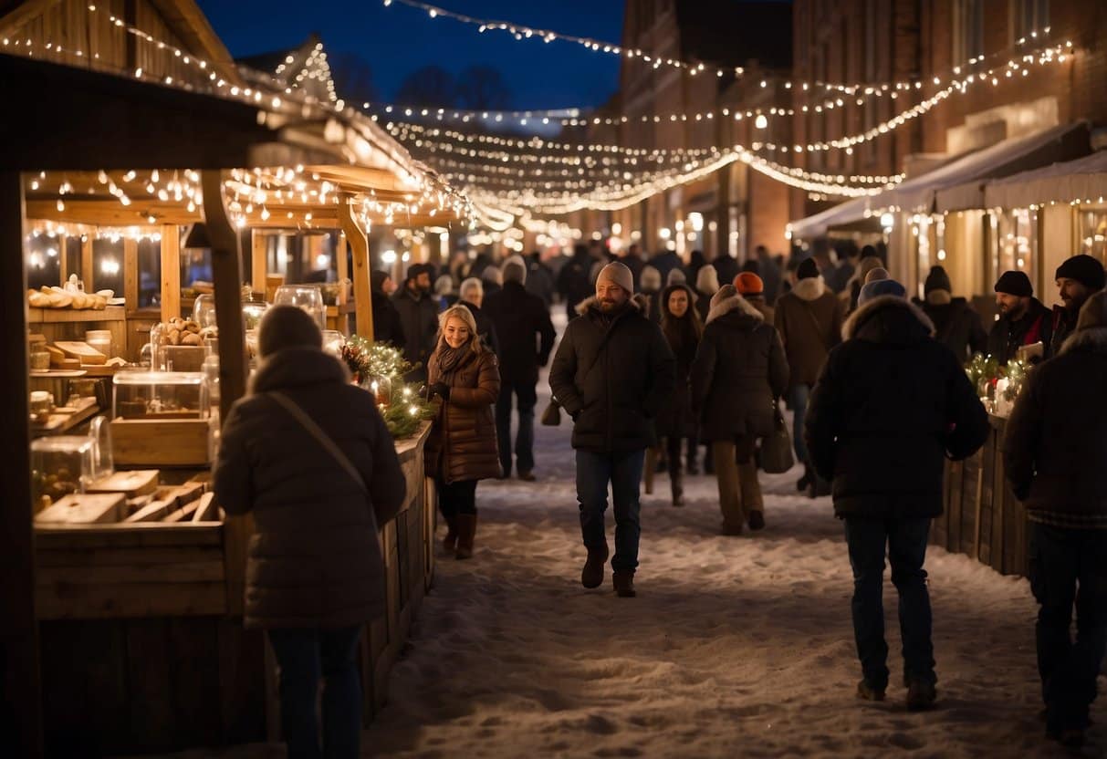 Colorful stalls line the streets, adorned with twinkling lights and festive decorations. The scent of mulled wine and roasted nuts fills the air as visitors browse handmade crafts and seasonal treats