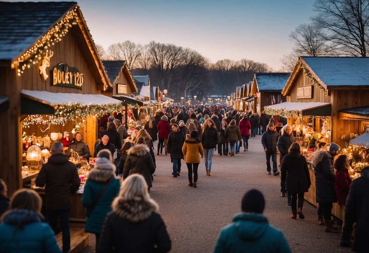 A bustling Christkindlmarkt at Lake Shawnee, with colorful stalls, twinkling lights, and festive decorations. Visitors browse handmade crafts and sample traditional holiday treats