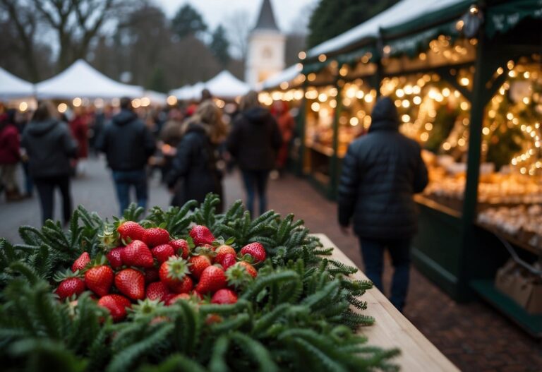 Fresh strawberries on a pine branch display add a festive touch at an outdoor market, reminiscent of the charm found at one of the Top 10 Christmas Markets in Kansas, with people happily browsing stalls in the background.