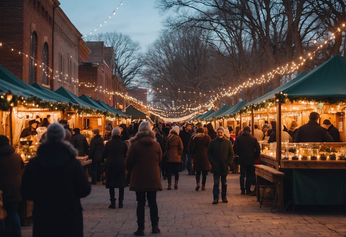 Victorian Christmas market at Ward-Meade Park, Kansas. Festive stalls, carol singers, and twinkling lights