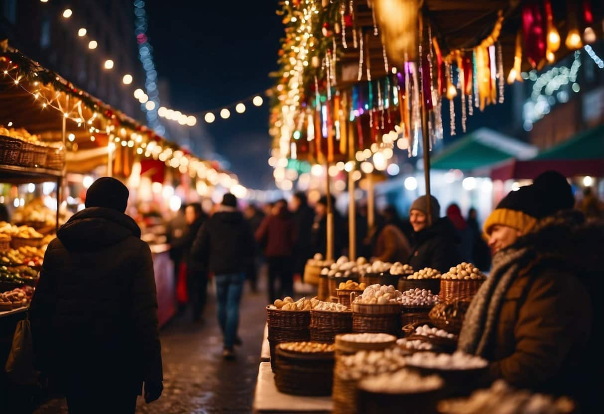 Colorful stalls line the street, adorned with twinkling lights and festive decorations. Crowds of people browse through the market, sipping on hot cocoa and admiring the handcrafted gifts on display