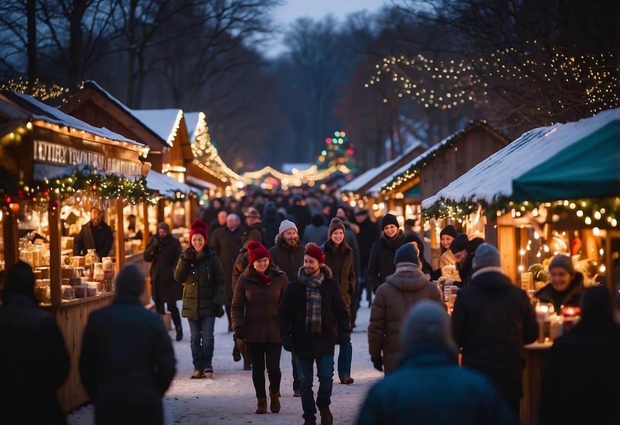 A bustling Christmas market with colorful stalls selling festive crafts, twinkling lights, and a giant decorated tree as the centerpiece. Crowds of people browsing and sipping hot cocoa add to the lively atmosphere