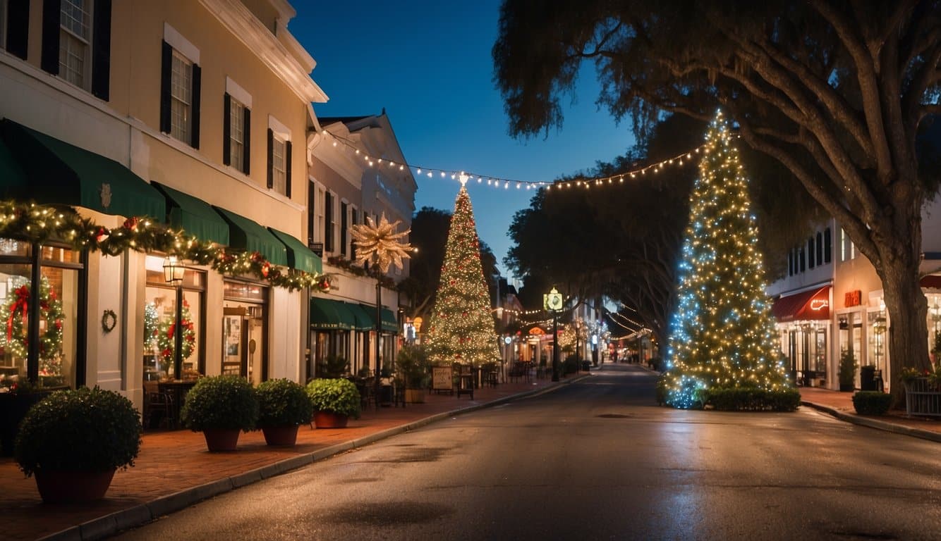 Mount Dora's Main Street adorned with twinkling lights, festive wreaths, and a towering Christmas tree. Storefronts decorated with garlands and holiday displays, creating a cozy and charming atmosphere