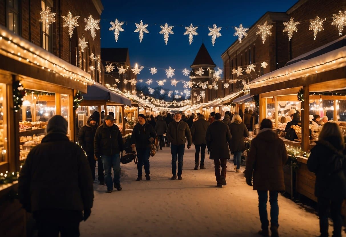 A bustling Christmas market in Brownsburg, Indiana, filled with festive decorations, twinkling lights, and vendors selling holiday crafts and treats