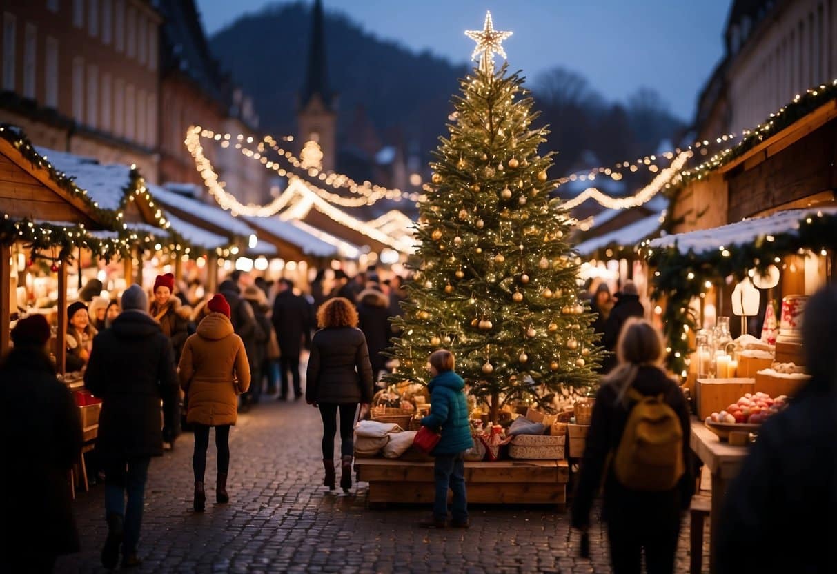 The Indianapolis Christmas Market bustles with festive activity, as vendors display their wares amidst twinkling lights and the scent of mulled cider fills the air