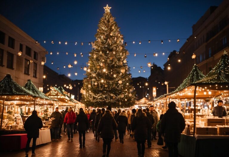 People stroll through a festive market at night, featuring a large, decorated Christmas tree and stalls with string lights—a magical scene you might find among the top 10 Christmas markets in Indiana.